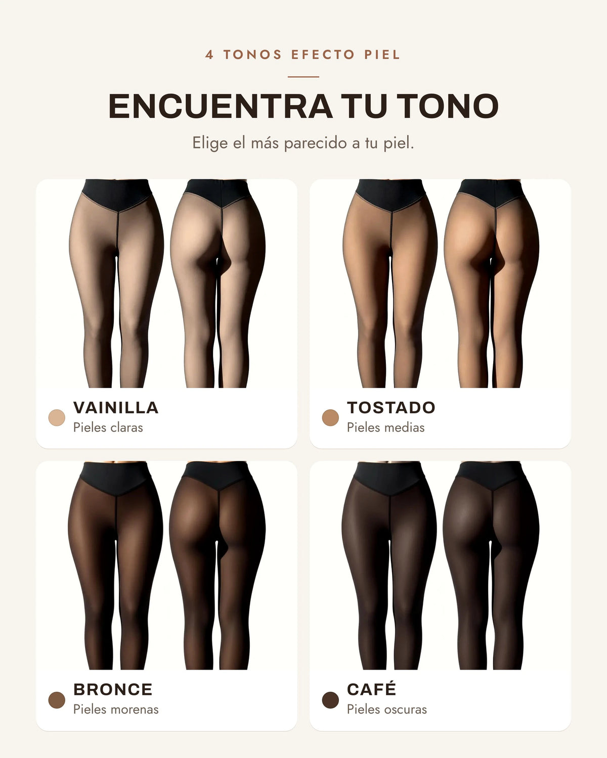 Medias térmicas efecto piel ALIBI: los 4 tonos, Vainilla, Tostado, Bronce y Café
